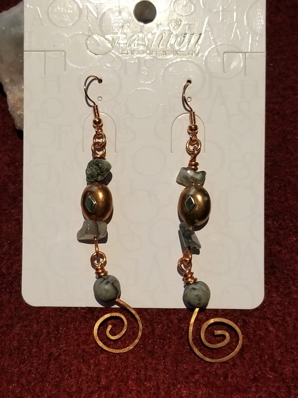 Copper Earring Drops with Moss Agate and Picture Jasper
